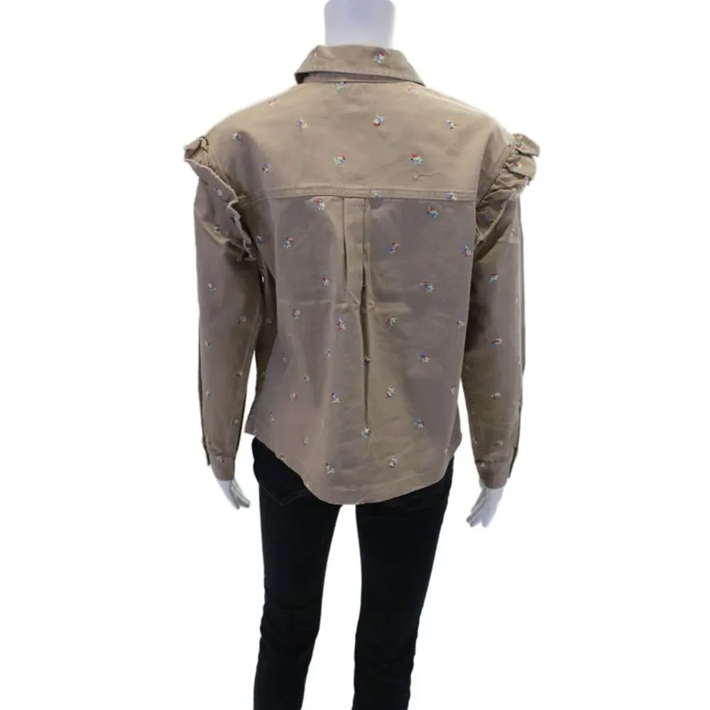 Something Navy Womens Cotton Floral Embroidered Collar Denim Jacket Brown Sz XS